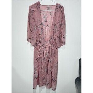 Dusty Rose Floral Kimono Robe Women’s Large Sheer Chiffon Bridal Cover Up Lounge
